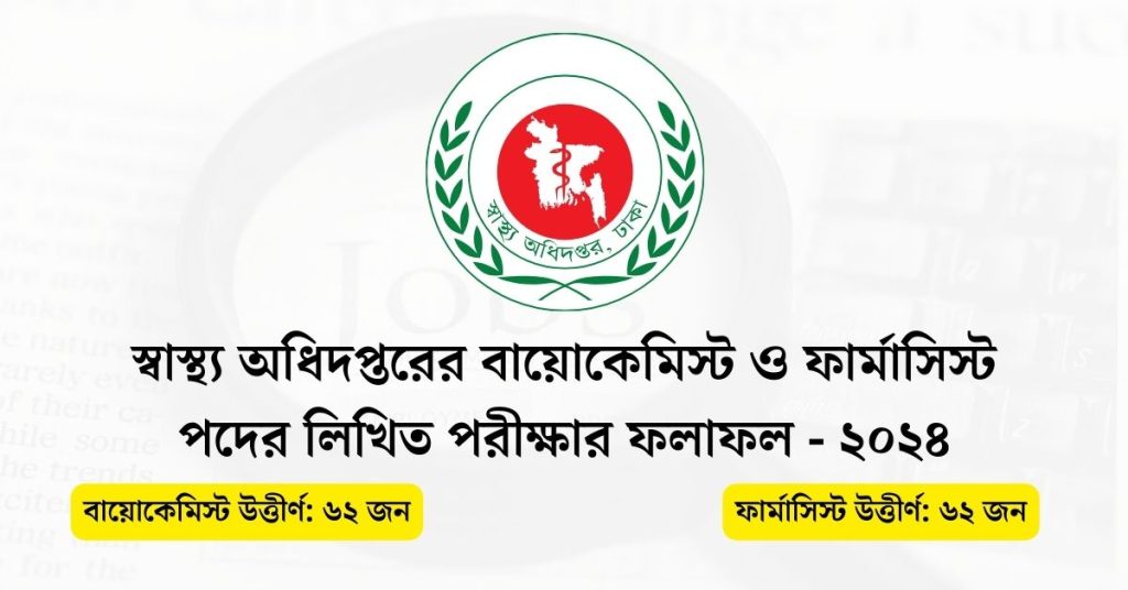 স্বাস্থ্য অধিদপ্তরের বায়োকেমিস্ট ও ফার্মাসিস্ট পদের লিখিত পরীক্ষার ফলাফল - ২০২৪
