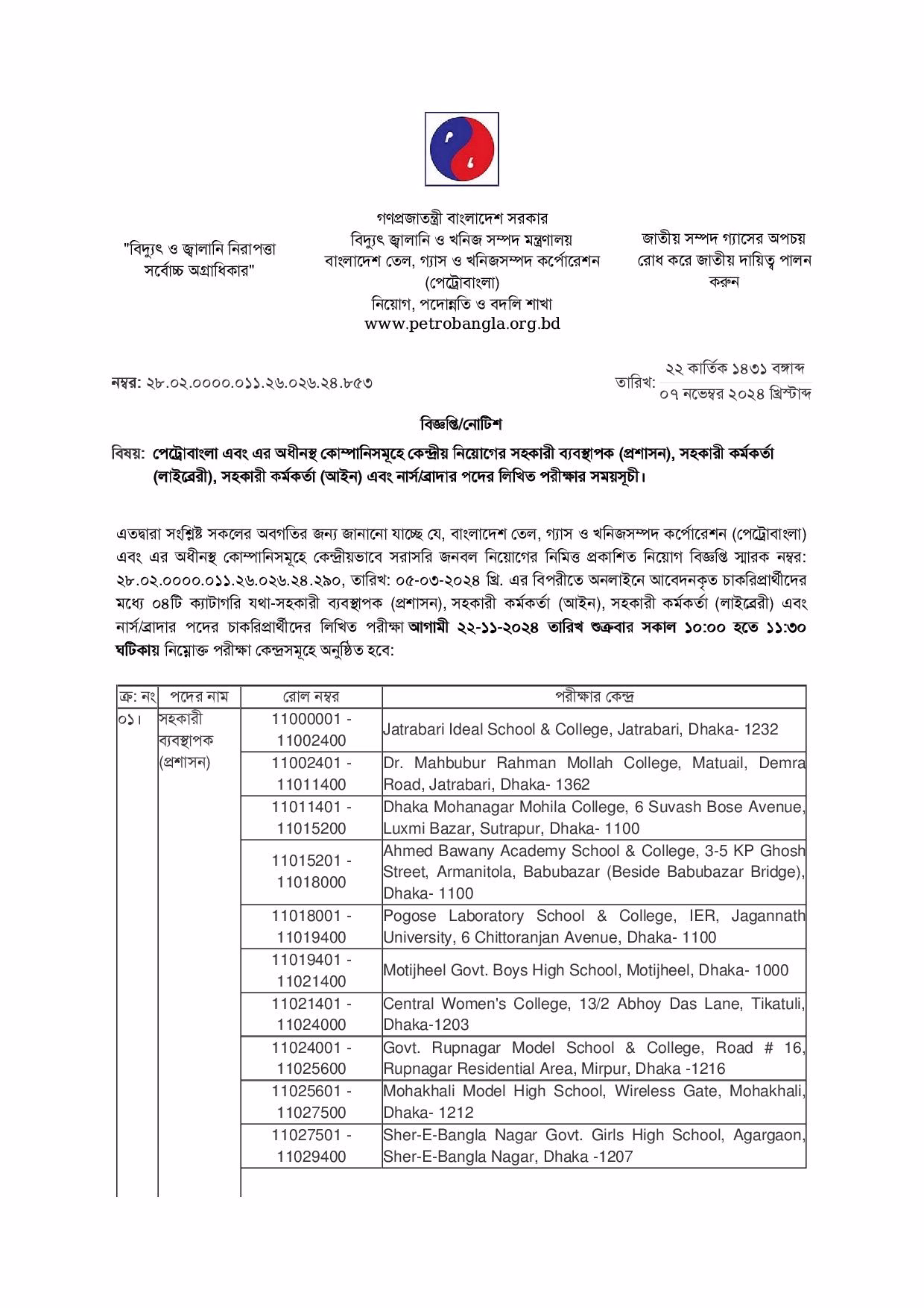 Petrobangla Written Exam Schedule